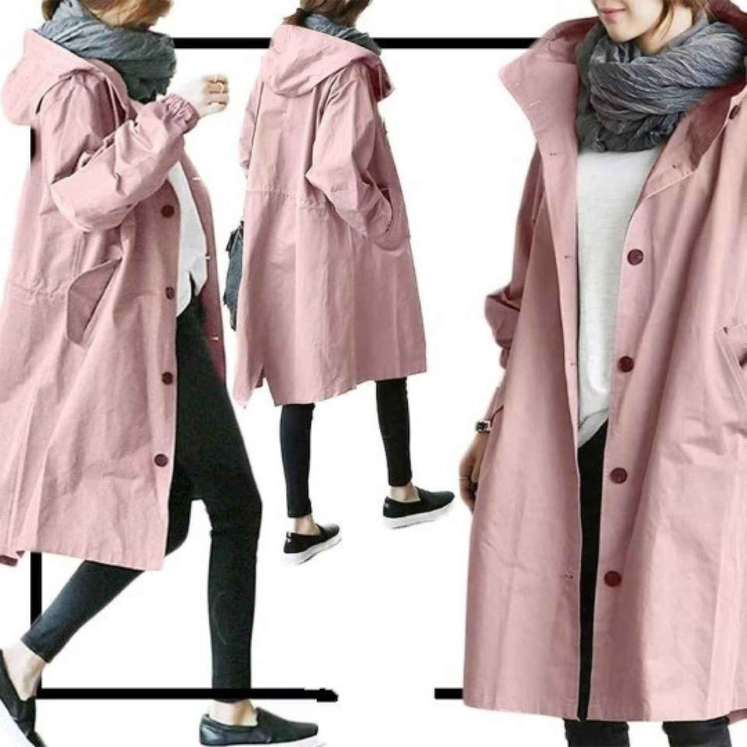 Kvinders Lang Trenchcoat med Hætte 5
