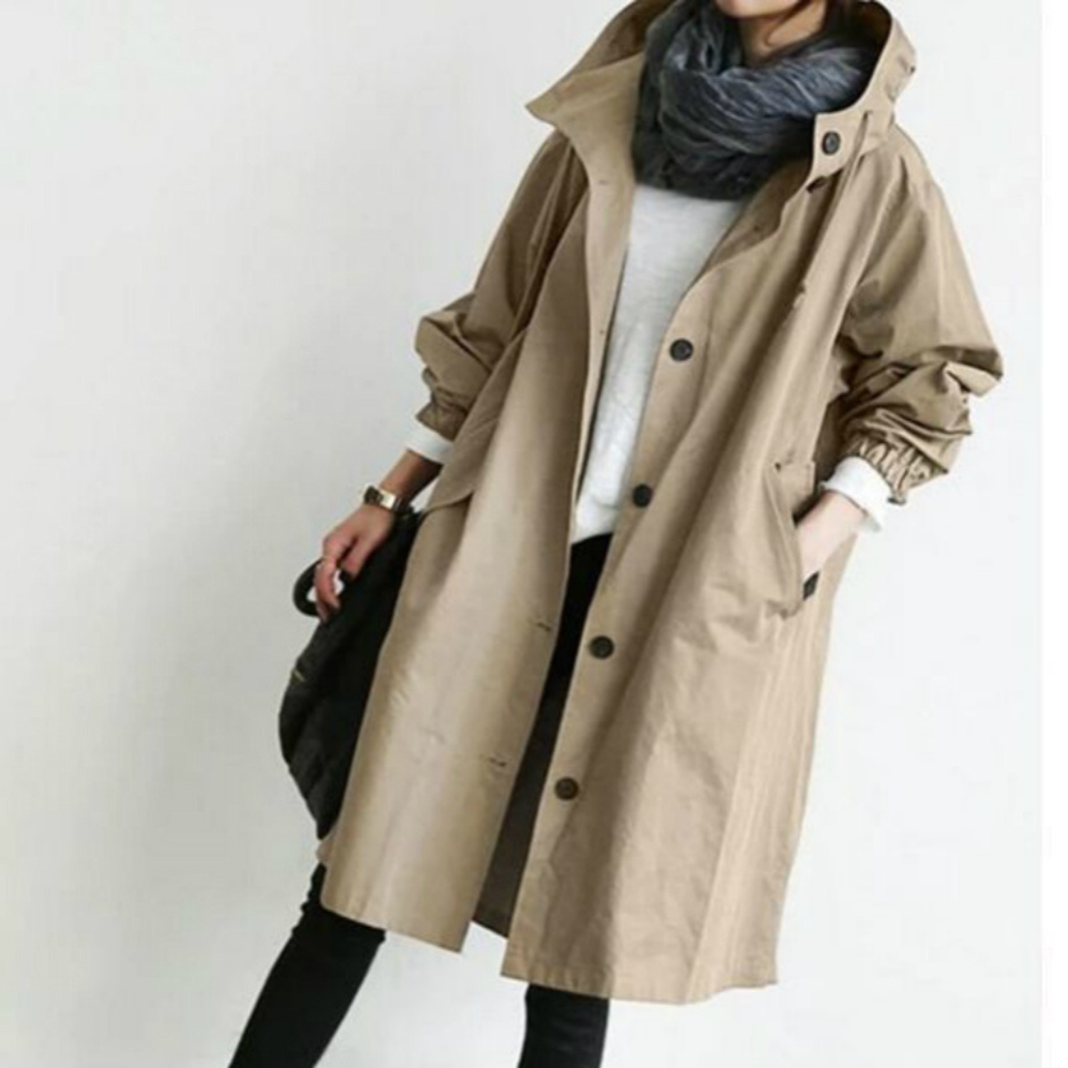 Kvinders Lang Trenchcoat med Hætte 6