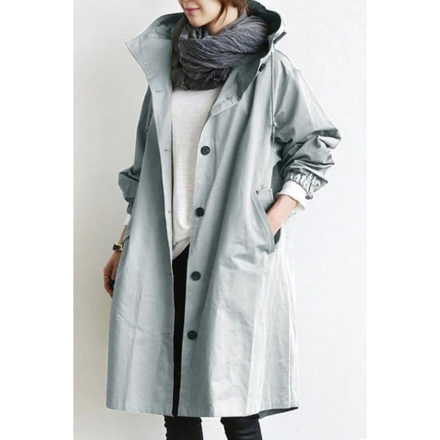 Kvinders Lang Trenchcoat med Hætte 8