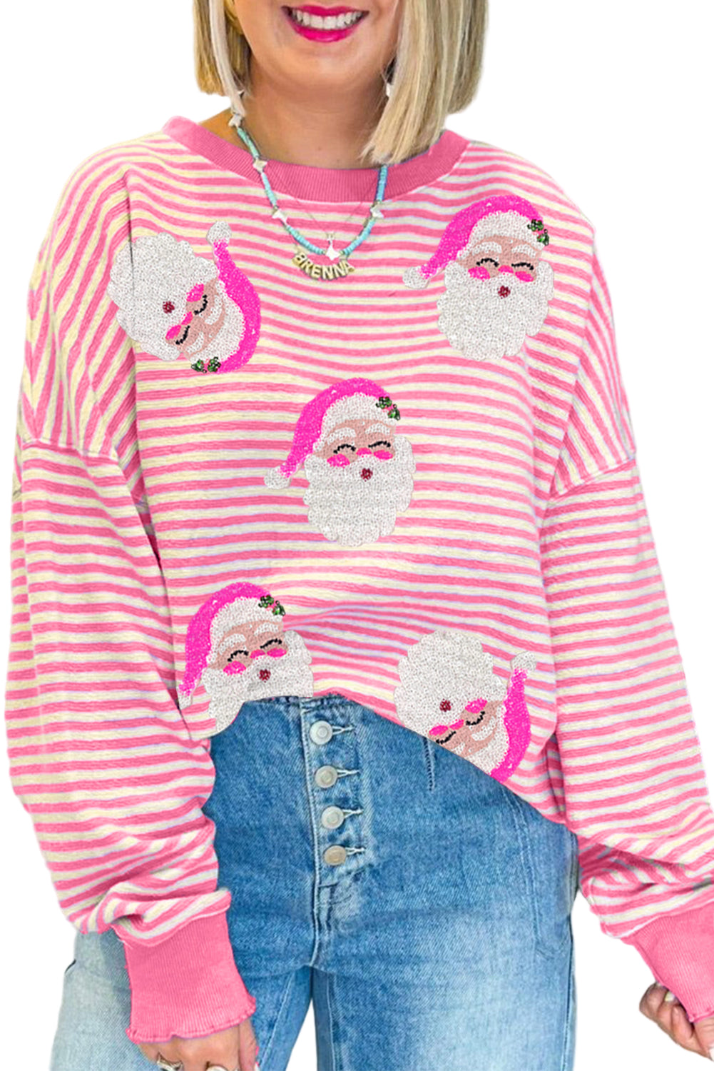 Kvinders Løs Top med Santa Claus Print Lange Ærmer Polyester Elastan 0