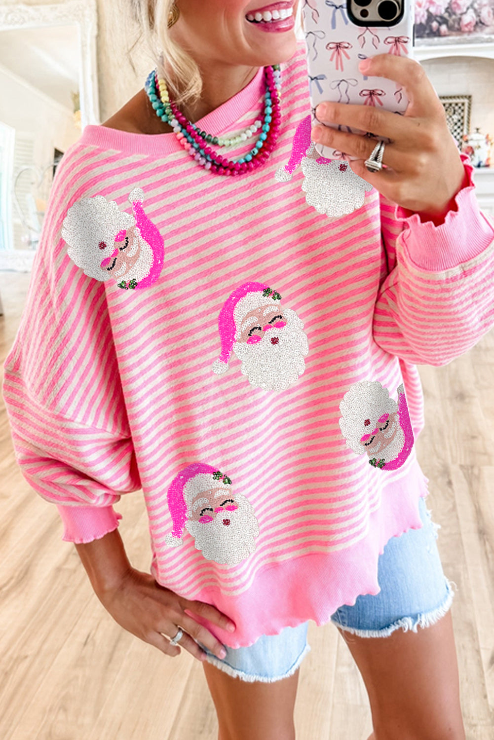 Kvinders Løs Top med Santa Claus Print Lange Ærmer Polyester Elastan 3