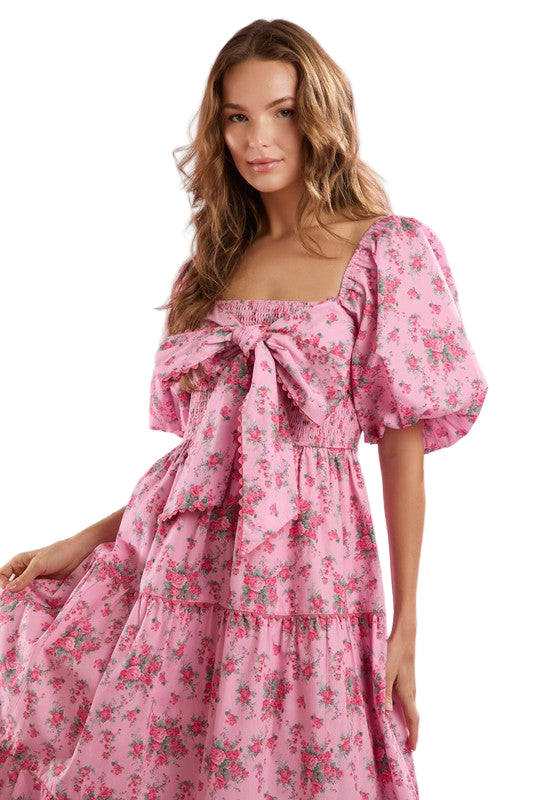 Kvinders Maxi Kjole Blomsterprint Front Sløjfe Detalje 0