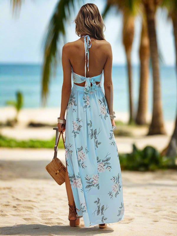 Kvinders Maxi Kjole Halterneck Chiffon Print Split Strandkjole 4