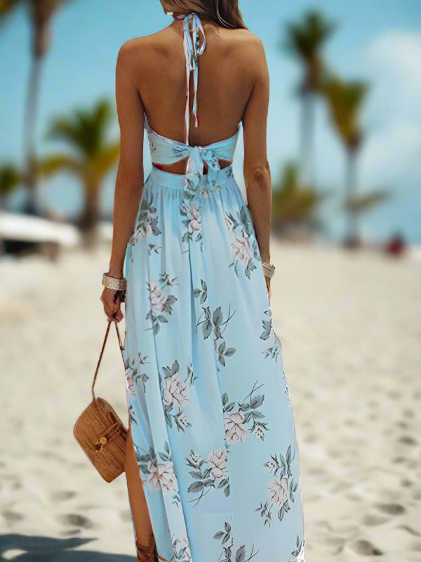 Kvinders Maxi Kjole Halterneck Chiffon Print Split Strandkjole 8