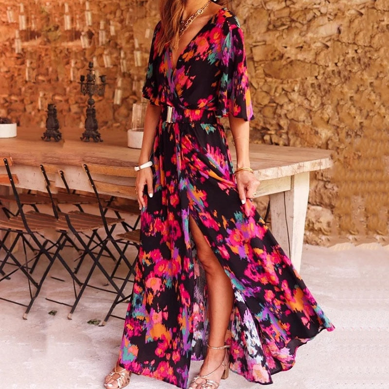 Kvinders Maxi Kjole Overslag Boho Stil 3