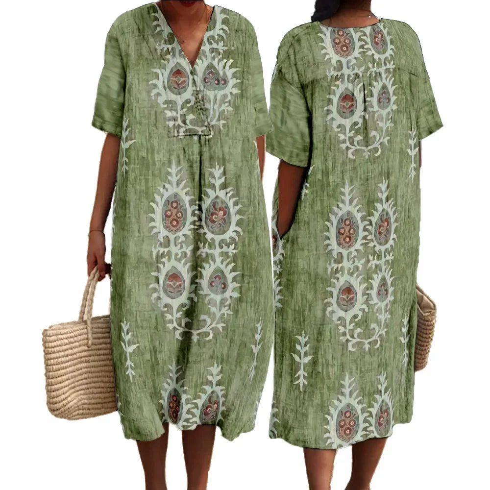 Kvinders Maxi Kjole V-Hals Korte Ærmer Digital Print Polyester 2