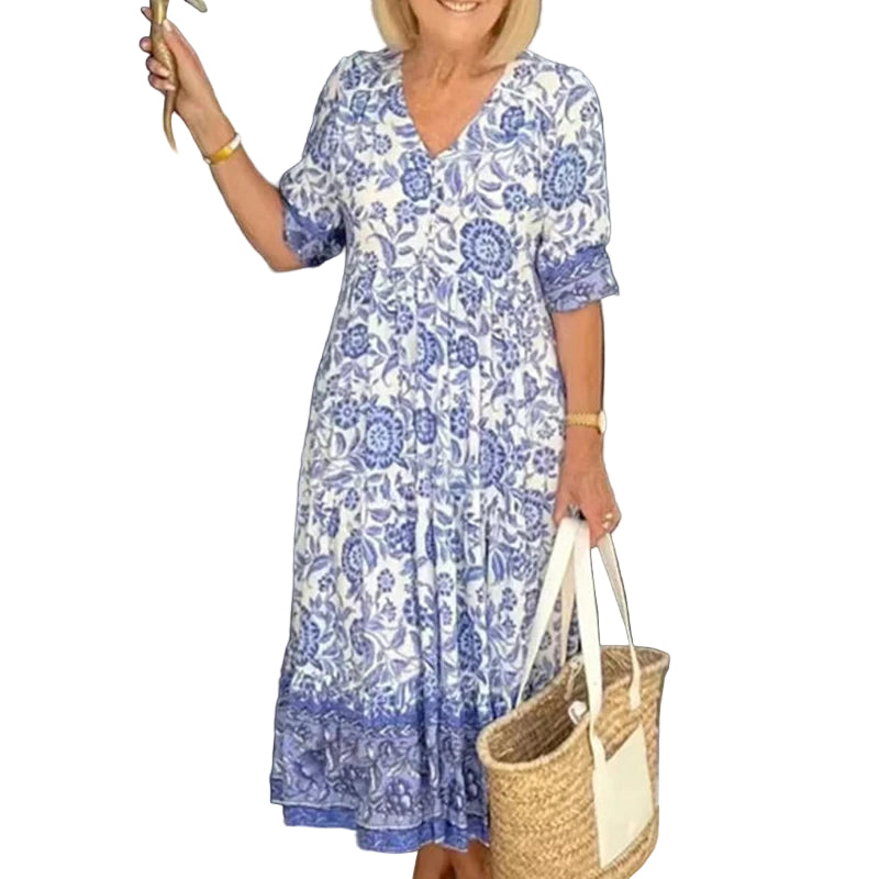 Kvinders Maxikjole Boho V-Hals Blomsterprint Let Stof 0