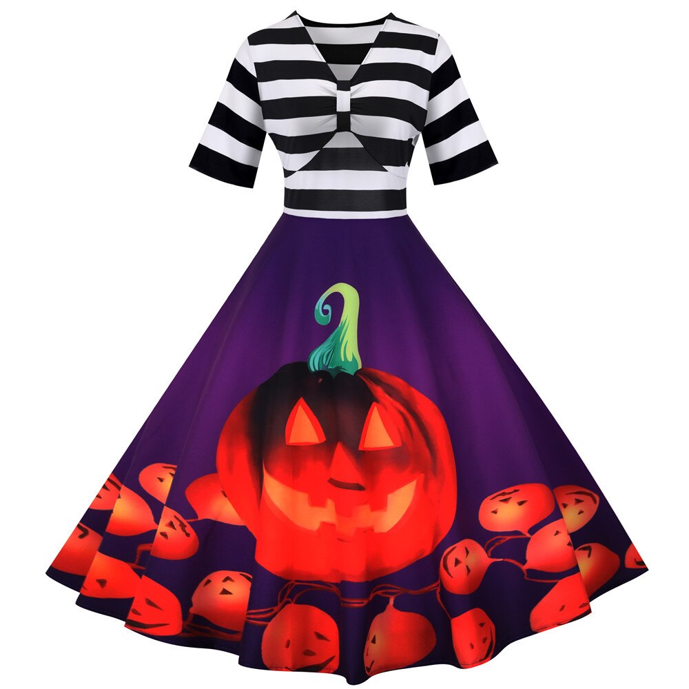 Kvinders Midi Kjole Halloween Retro Stil med Græskar Design 2