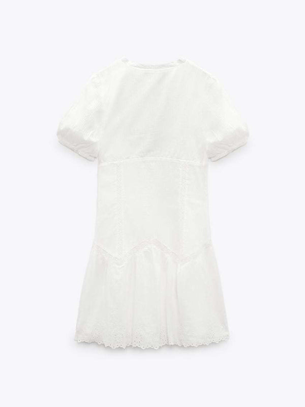 Kvinders Mini Kjole Fluffy Ærmer V-Hals Broderi 3