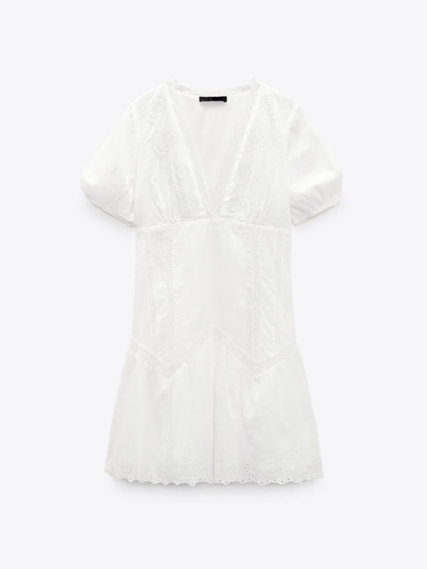 Kvinders Mini Kjole Fluffy Ærmer V-Hals Broderi 4