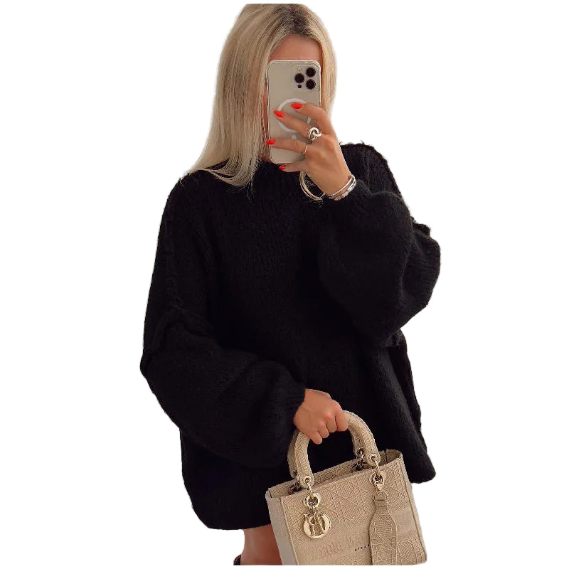 Kvinders Oversize Strikpullover med Let Stehkragen 0