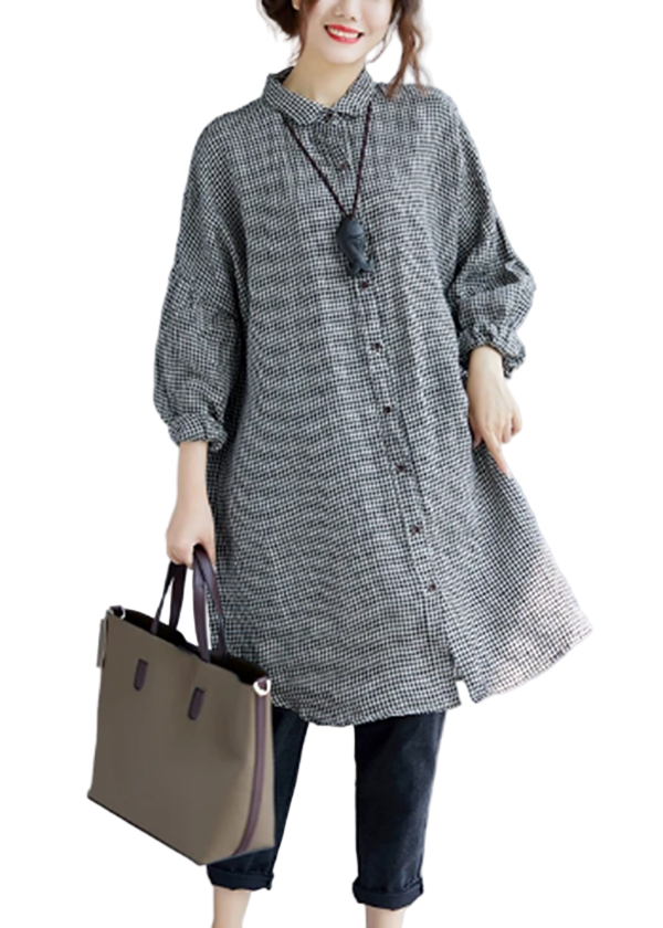 Kvinders Oversize T-shirt med Plaid Mønster og Nedfoldet Krave 0