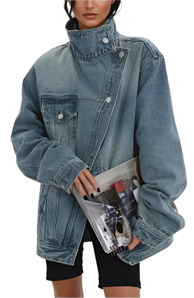 Kvinders Oversized Denim Jakke Med Høj Krave Asymmetrisk Design 0