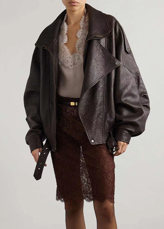 Kvinders Oversized Læderbombejakke med Bælte 2