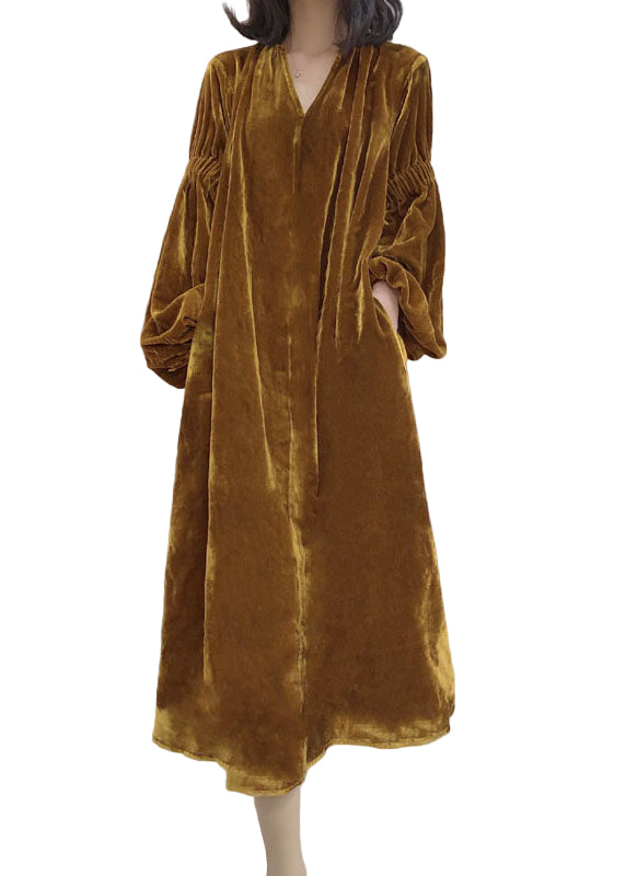 Kvinders Puff Sleeve Velour Kjole med Lommer 0
