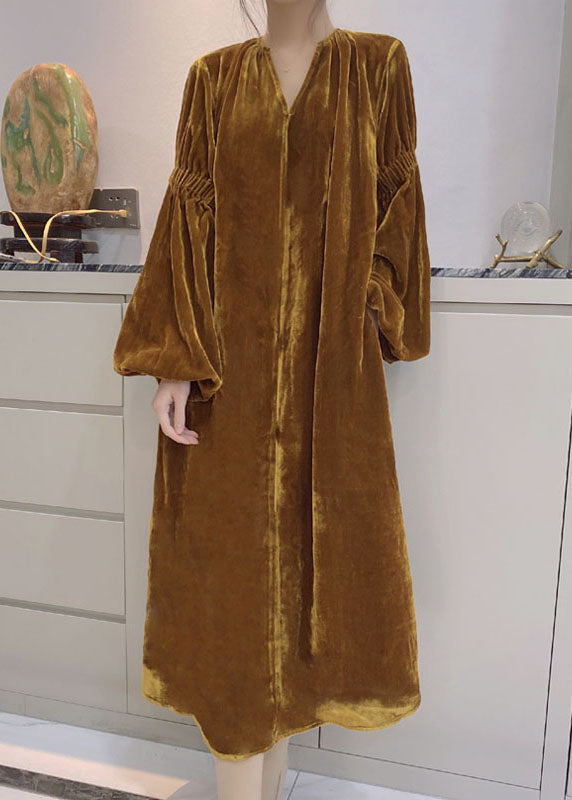 Kvinders Puff Sleeve Velour Kjole med Lommer 1