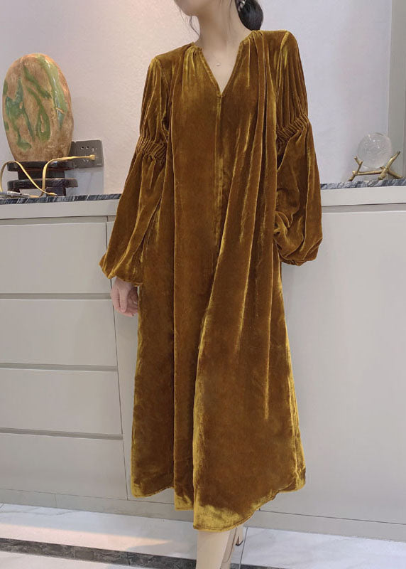 Kvinders Puff Sleeve Velour Kjole med Lommer 2