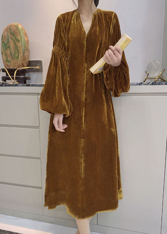 Kvinders Puff Sleeve Velour Kjole med Lommer 3