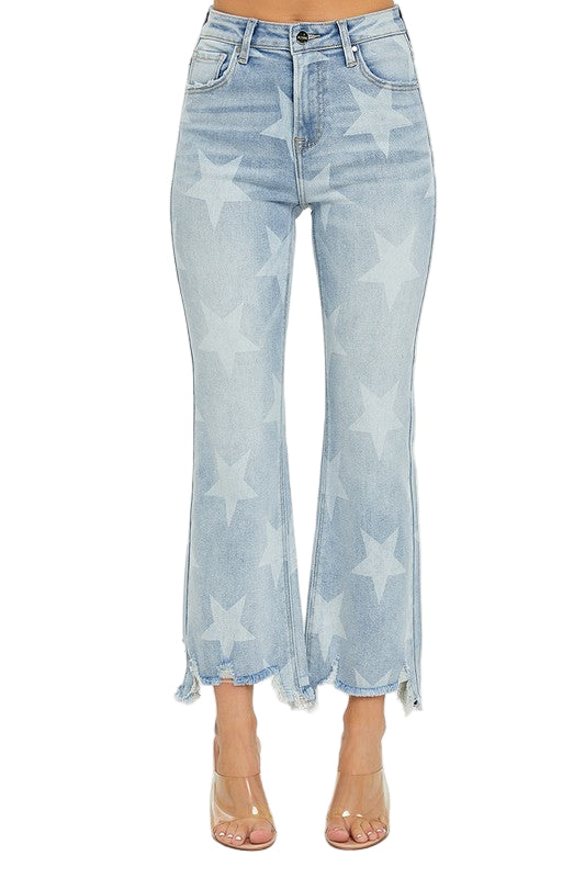 Kvinders Straight Jeans med Høj Talje og Stjerneprint i Lys Denim 0