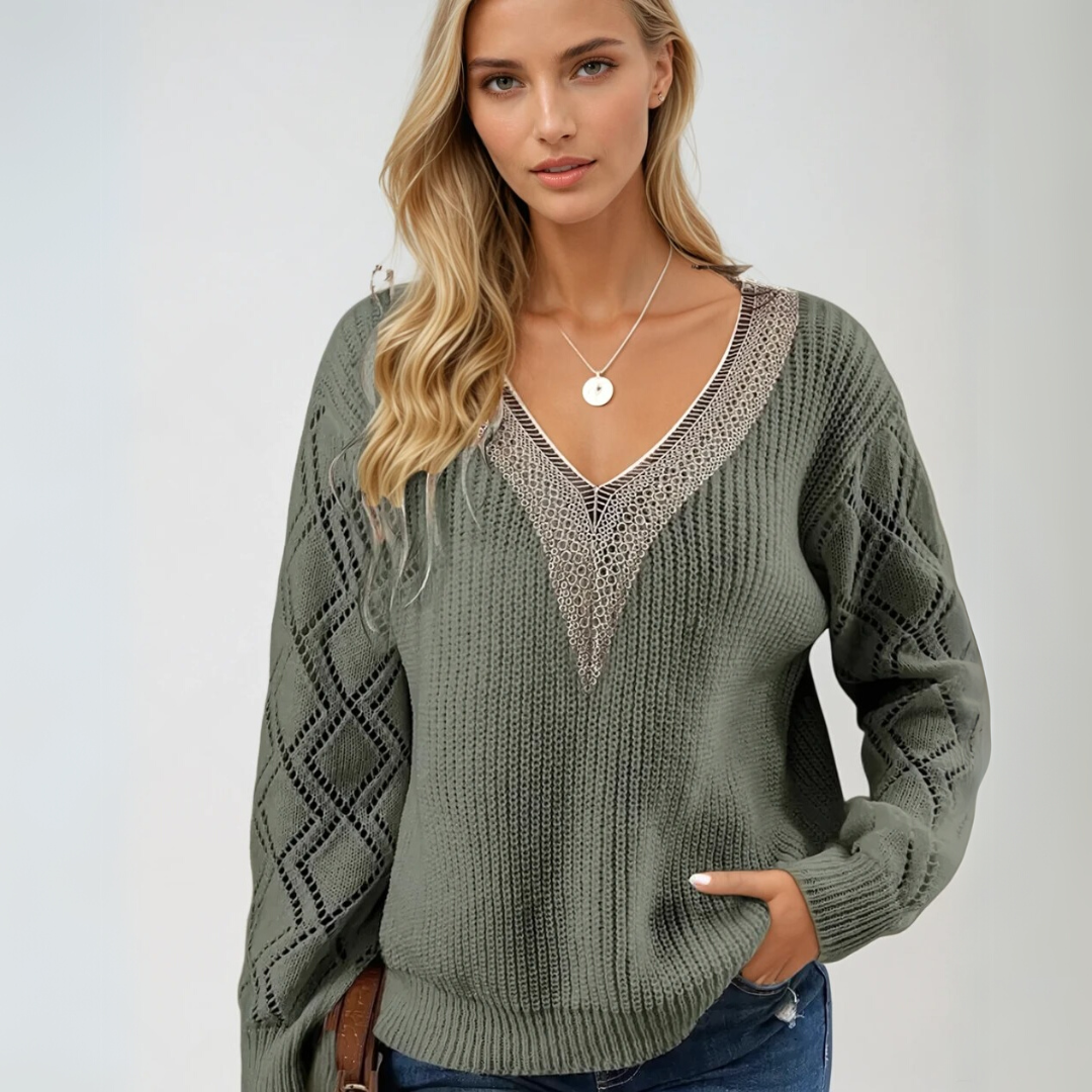 Kvinders Strik Pullover med V-hals og Detaljerede Ærmer 1