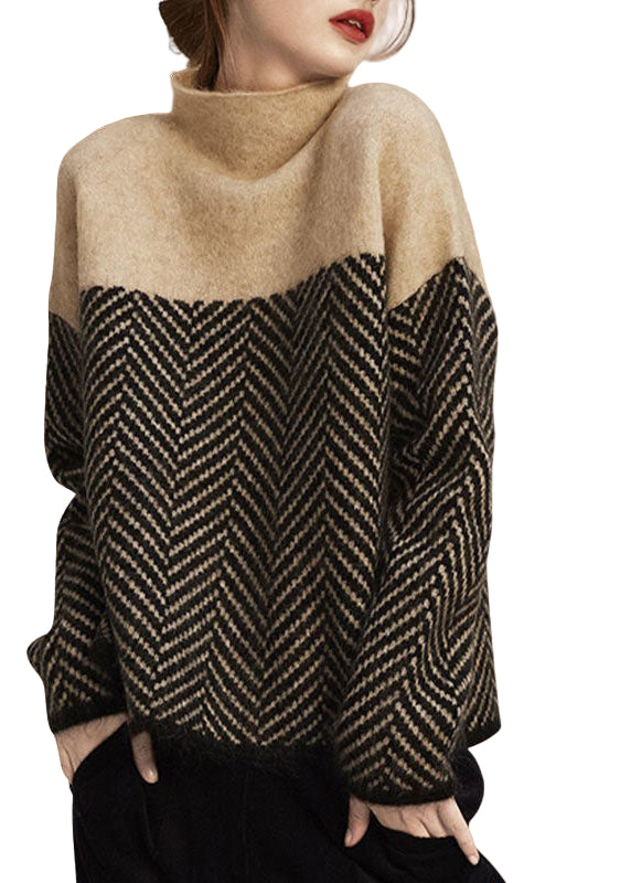 Kvinders Strikket Pullover Turtleneck Patchwork Design 0