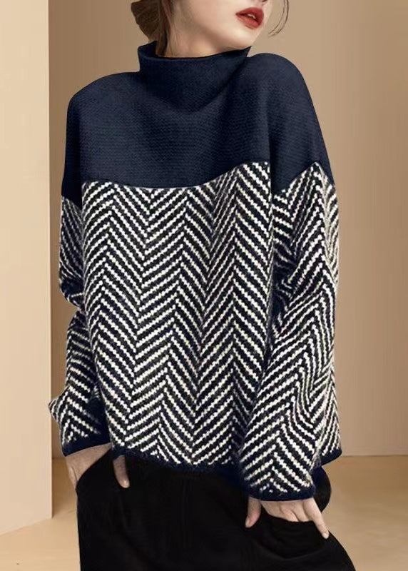 Kvinders Strikket Pullover Turtleneck Patchwork Design 5