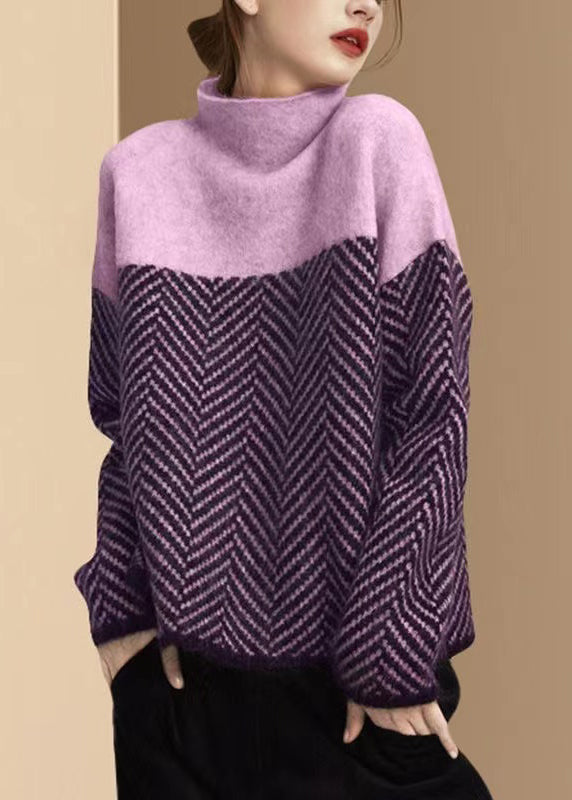 Kvinders Strikket Pullover Turtleneck Patchwork Design 6