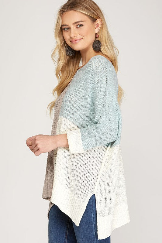 Kvinders Strikket Pullover i Gennemsigtig Farveblok Grå og Himmelblå 1