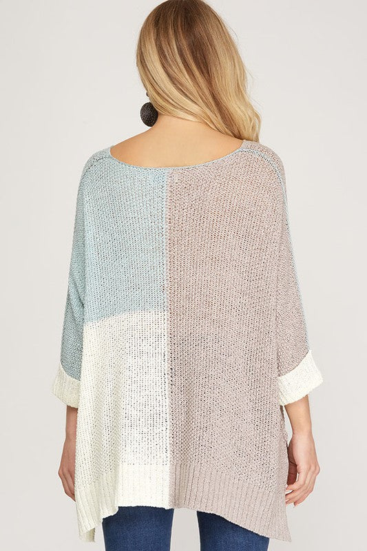 Kvinders Strikket Pullover i Gennemsigtig Farveblok Grå og Himmelblå 2