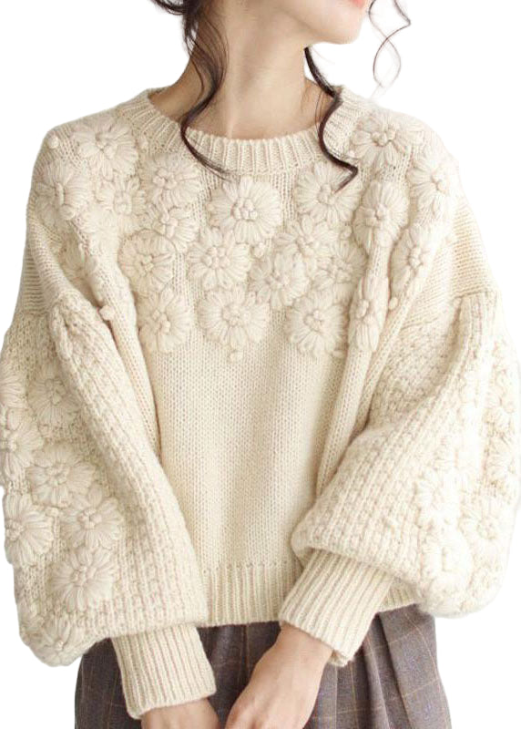 Kvinders Strikket Sweater i Beige med Broderi 0