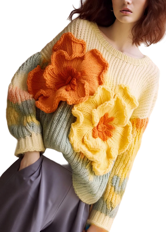 Kvinders Strikket Sweater med Blomsterprint 0