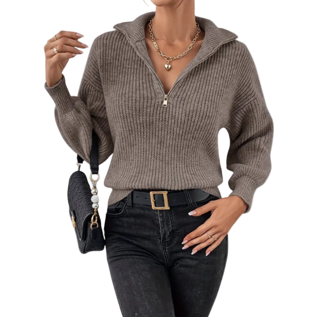 Kvinders Strikket Sweater med Halvzip og Ribben Design 0