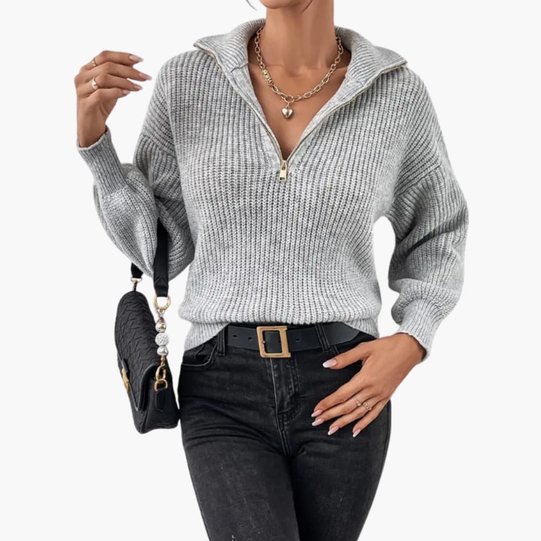 Kvinders Strikket Sweater med Halvzip og Ribben Design 1