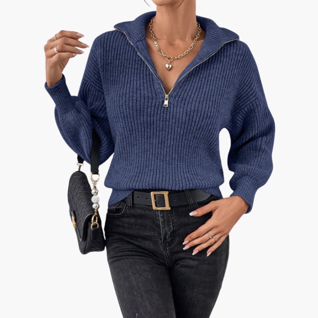 Kvinders Strikket Sweater med Halvzip og Ribben Design 2
