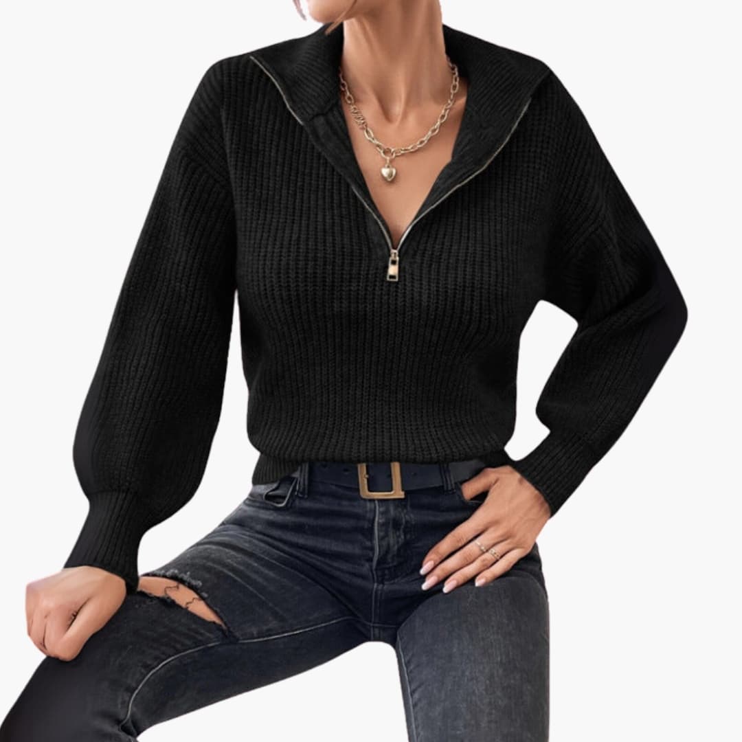 Kvinders Strikket Sweater med Halvzip og Ribben Design 3