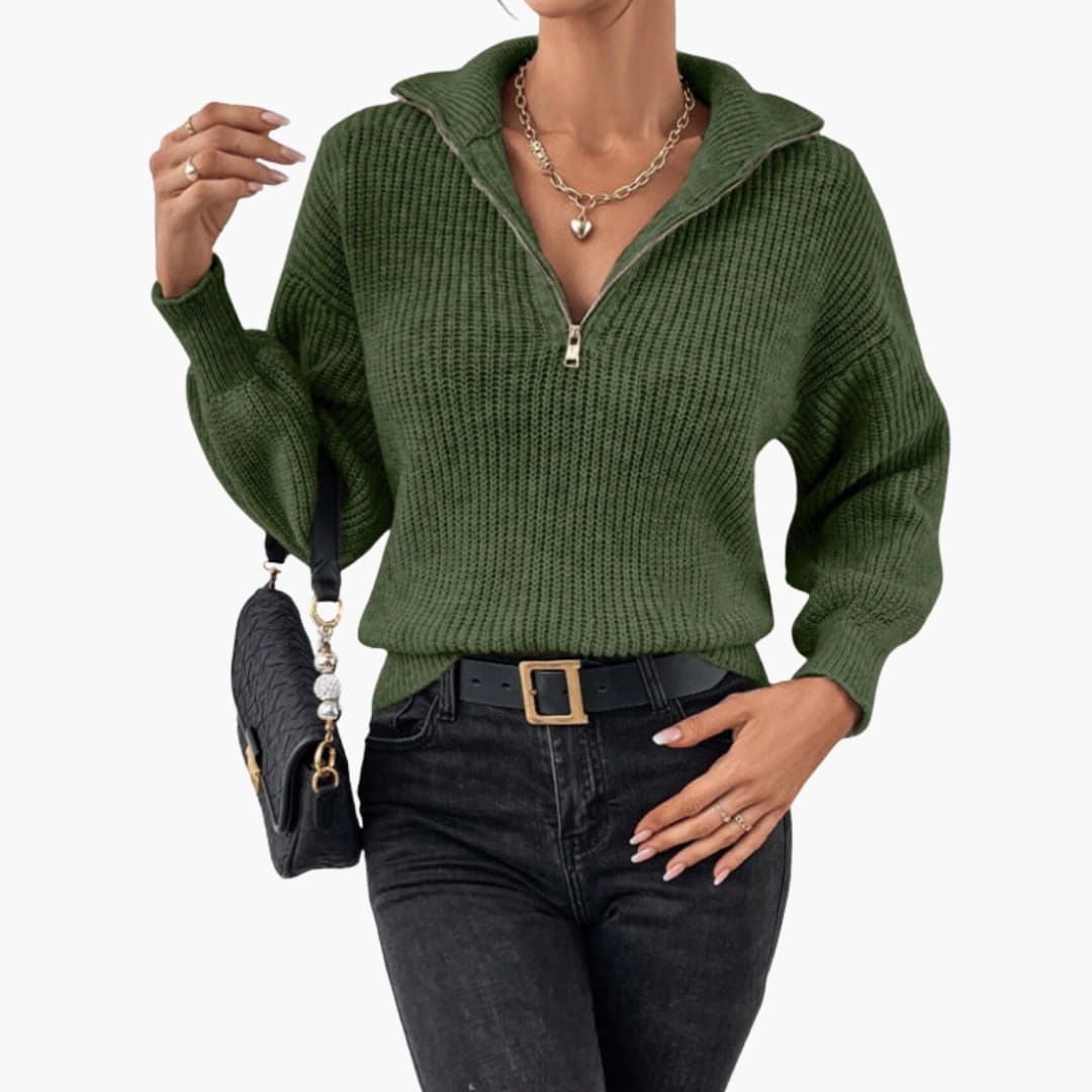 Kvinders Strikket Sweater med Halvzip og Ribben Design 4