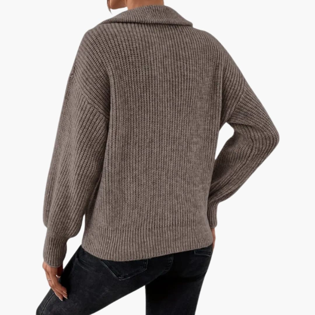 Kvinders Strikket Sweater med Halvzip og Ribben Design 7