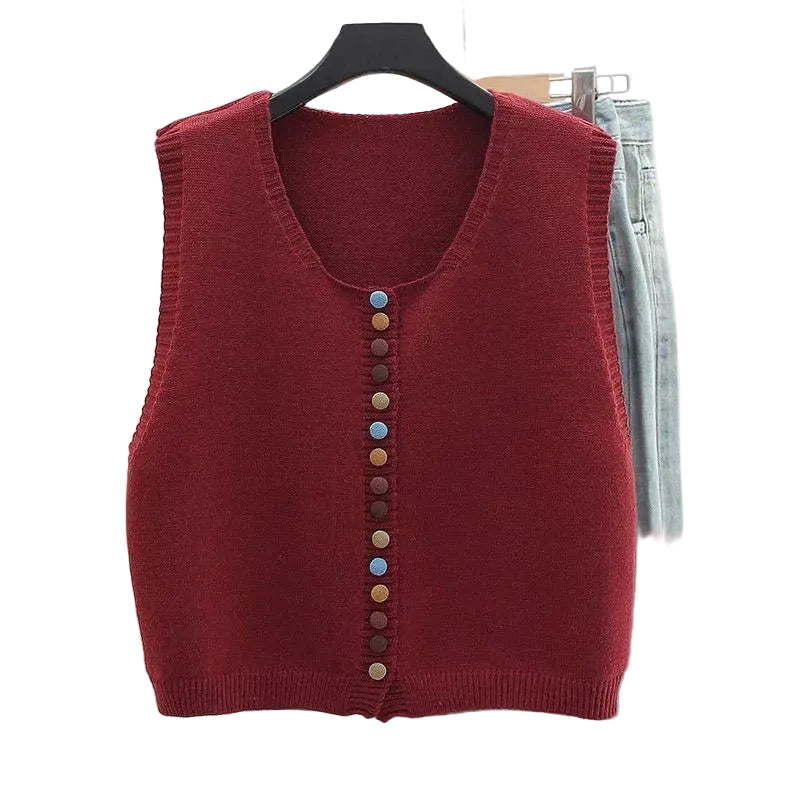 Kvinders Strikket Vest med Farverige Knapper Lagdelt Design 0