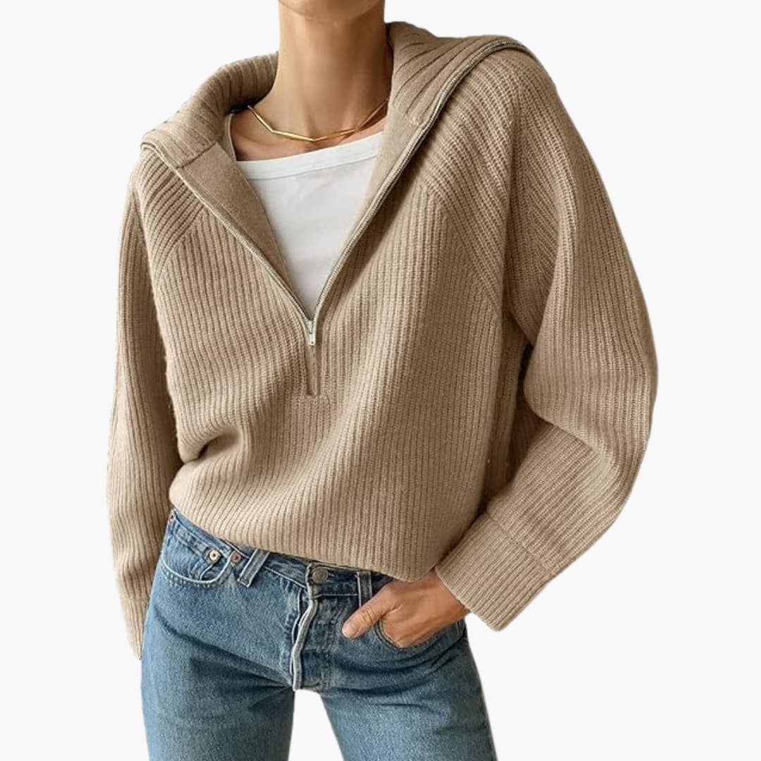 Kvinders Sweater med Halv Lynlås og Stativ Krave 0