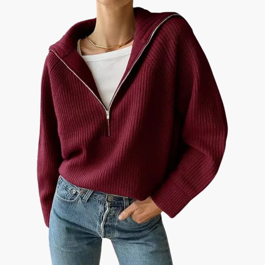 Kvinders Sweater med Halv Lynlås og Stativ Krave 1