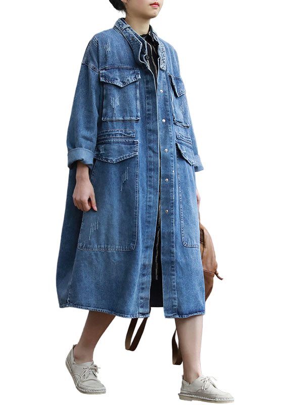 Kvinders Trench Coat Denim Løs Pasform med Lommer 0