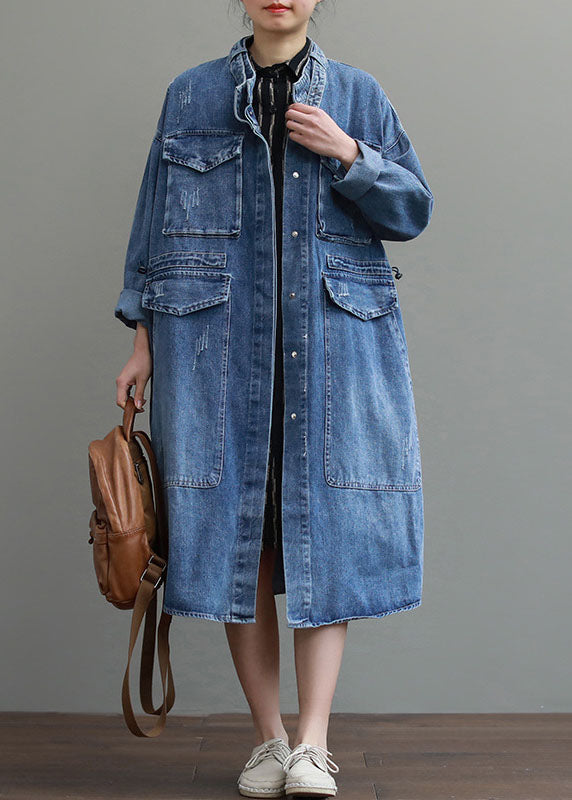 Kvinders Trench Coat Denim Løs Pasform med Lommer 1