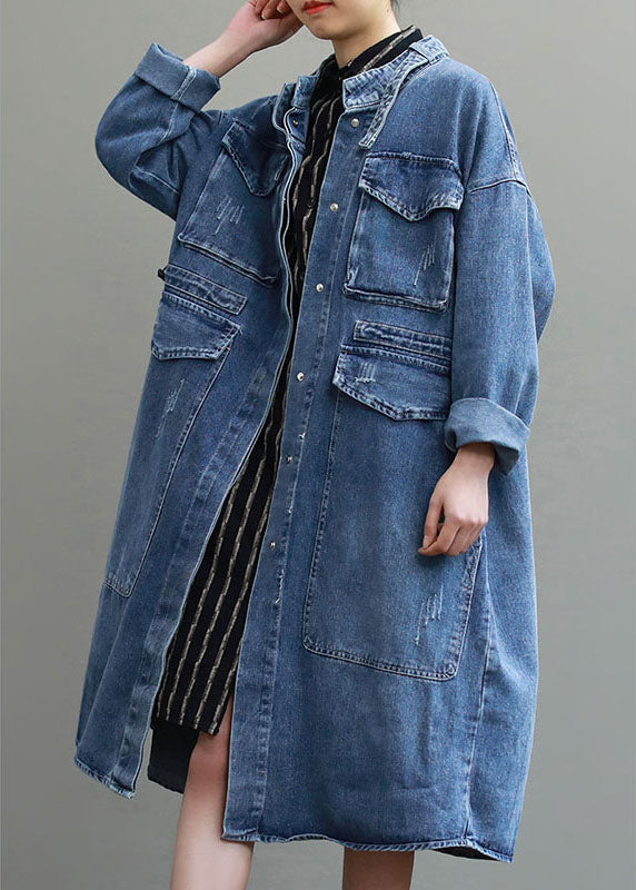 Kvinders Trench Coat Denim Løs Pasform med Lommer 2