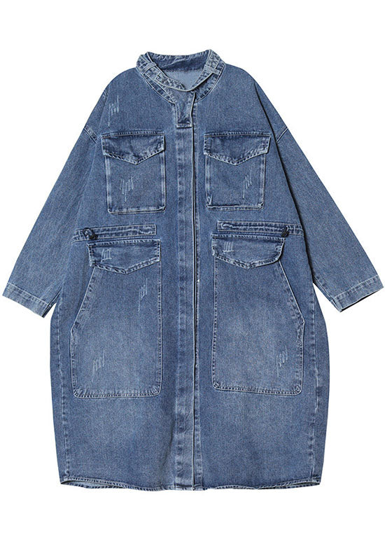Kvinders Trench Coat Denim Løs Pasform med Lommer 3