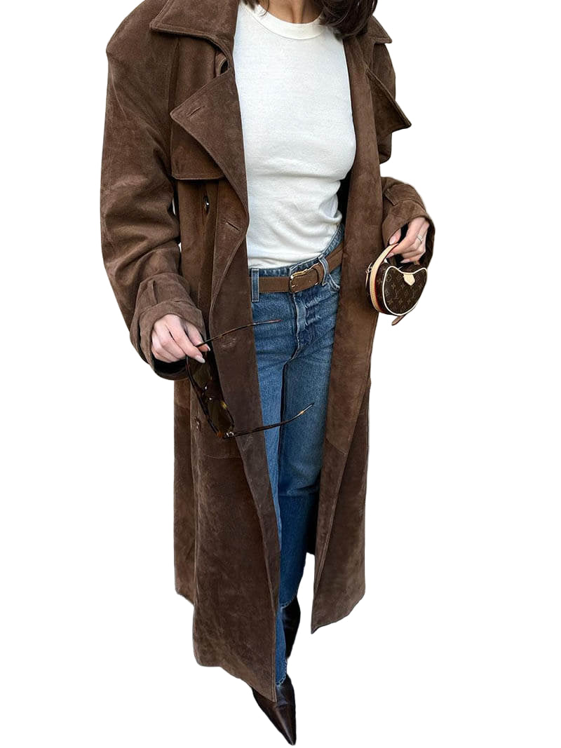 Kvinders Trenchcoat Suede Look Midi Med Bælte 0