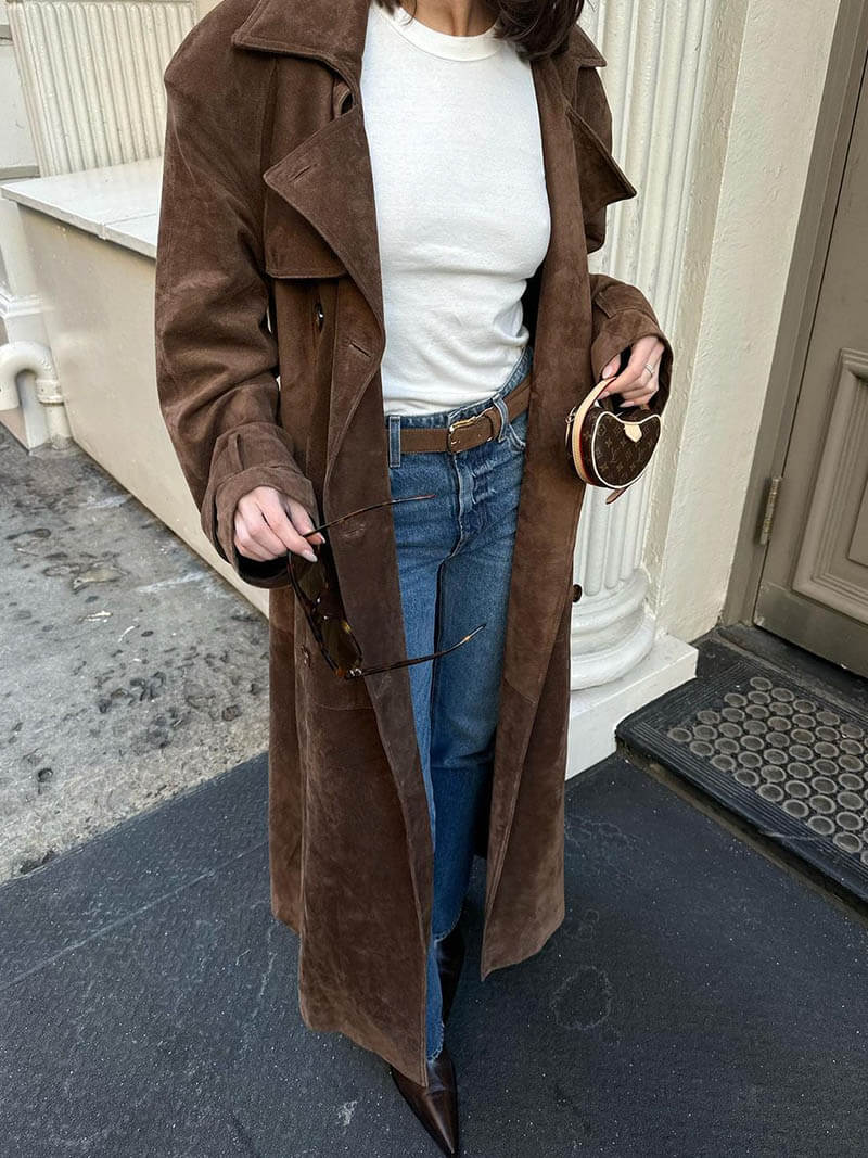 Kvinders Trenchcoat Suede Look Midi Med Bælte 1