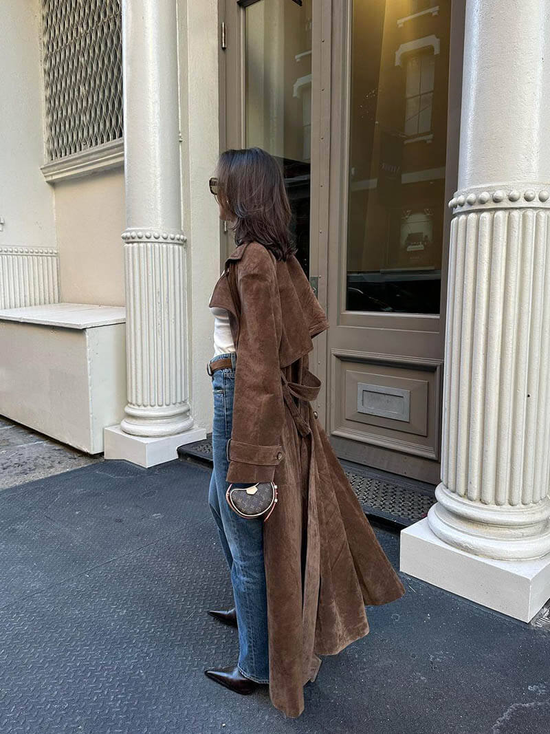 Kvinders Trenchcoat Suede Look Midi Med Bælte 2
