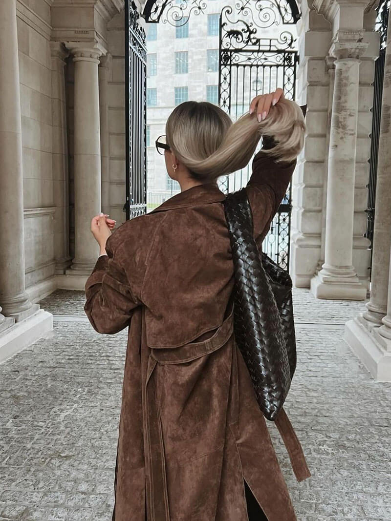 Kvinders Trenchcoat Suede Look Midi Med Bælte 5
