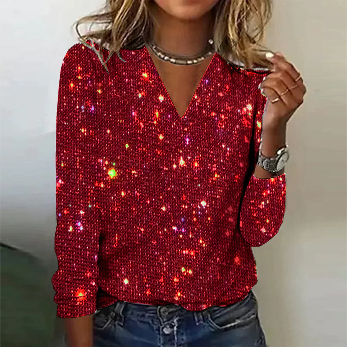 Kvinders V-Ausschnitt Glitrende Pullover Casual 1