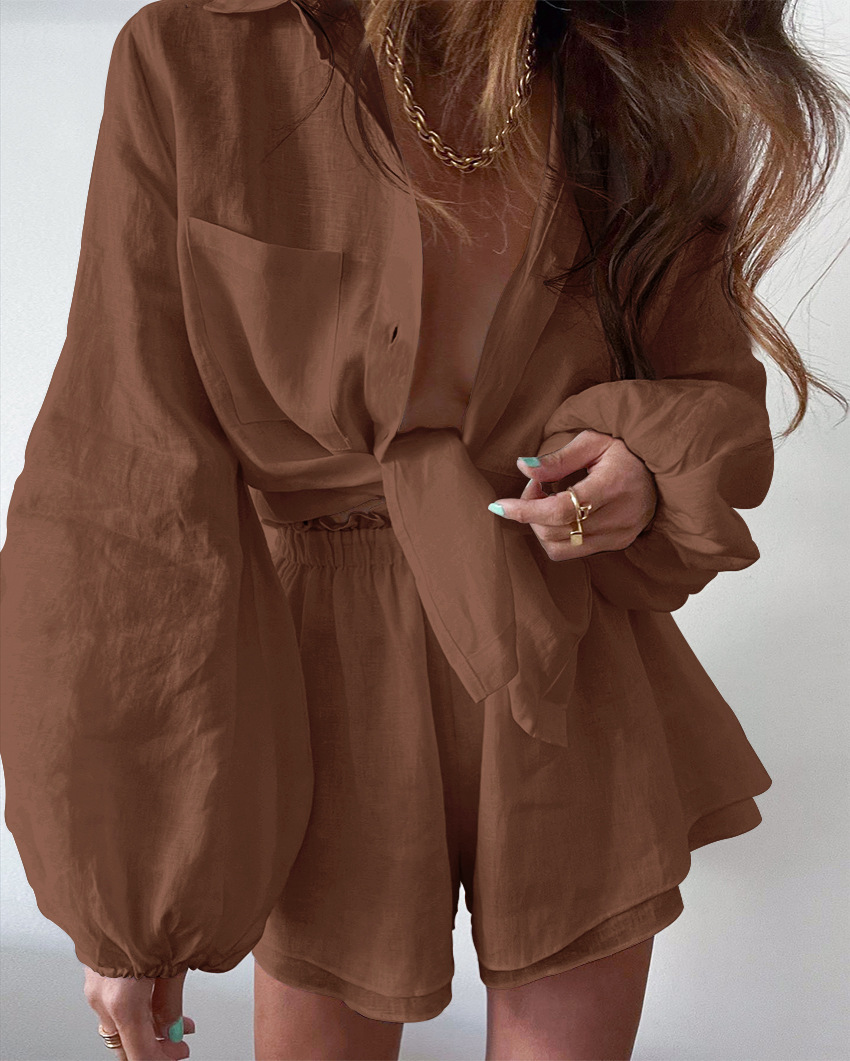 Kvinder Linned Sæt Bluse og Shorts Sommer Komfortabelt Design-5